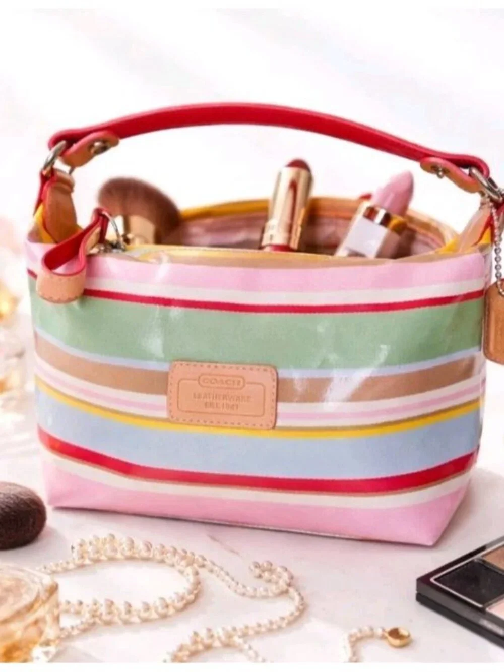 Coach Hampton Watercolor Stripe Pouch Bag Y2K Vintage Vachetta Trim Rare - Picture 1 of 16